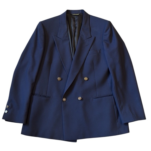 Pierre Cardin Double-Breasted Black Wool Blazer Coat Peak Gold Buttons USA 44S - Picture 2 of 16